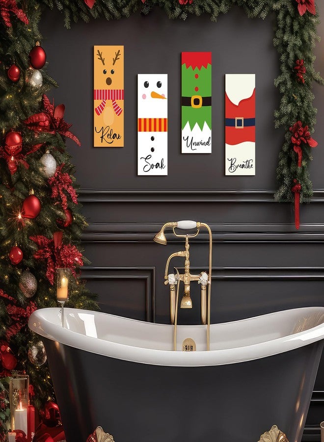 RattanView 4 Pcs Christmas Bathroom Wall Art Relax Soak Unwind Breathe Winter Wall Decor Santa Elk Farmhouse Hanging Signs Snowman Elf Wood Bath Decoration for Home, 10'' x 4'' - Image 3